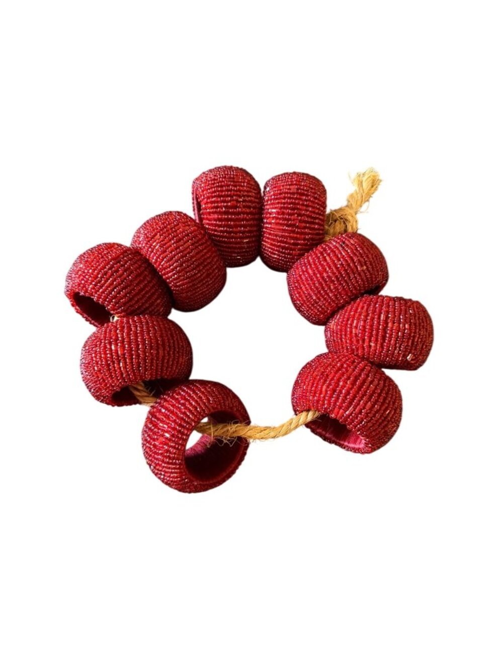 Vintage Handmade Red Beaded Decorative Napkin Rings - Set Of 9